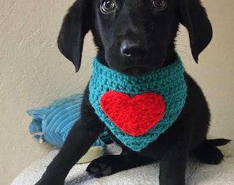 Teal Blue Dog Bandana with Red Heart, Slip-On Design, dog neckwear, pet accessory, handmade, crocheted, XXXS-XXXL sizes available