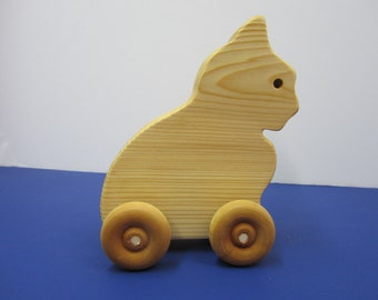 Cat Handmade Wood Toy On Wheels Mobile Children's Toy
