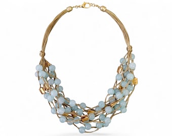 Handmade Coastal Blue Beaded & Chunky Gold Multi-Strand Necklace | Boho Statement Jewelry for Women |