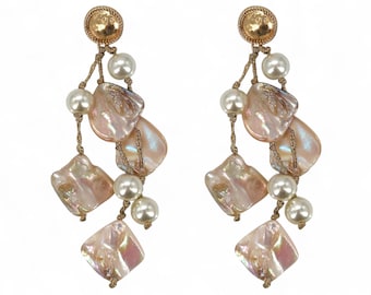Handmade Coastal Shell & Chunky Multi-Strand Pearl Earrings | Boho Statement Jewelry for Women |
