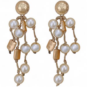 Handmade Coastal Pearl & Chunky Gold Beaded Multi-Strand Earrings | Boho Statement Jewelry for Women