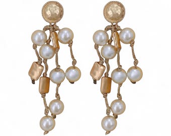 Handmade Coastal Pearl & Chunky Gold Beaded Multi-Strand Earrings | Boho Statement Jewelry for Women