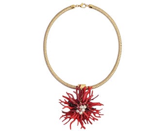 Handmade Coastal Red Coral Branch & Chunky Pearl Necklace| Boho Statement Jewelry for Women