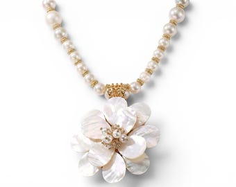 Handmade Coastal Mother Pearl Flower & Chunky Ivory Pearl Necklace | Boho Statement Jewelry for Women