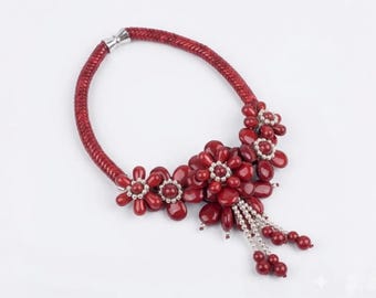 Handmade Coastal Red Coral & Chunky Silver Beaded Flower Necklace | Boho Statement Jewelry for Women
