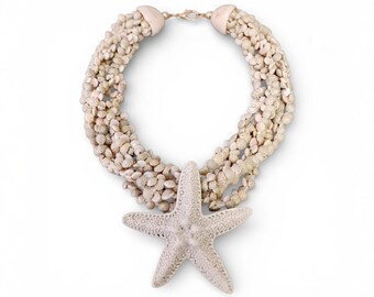 Handmade Coastal Shell & Chunky Multi-Strand Starfish Necklace | Summer Boho Statement Jewelry For Women