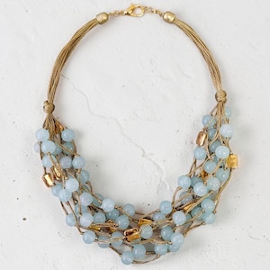 Chunky Coastal Statement Necklace | Handmade Boho Beaded Light Blue Multistrand Resort Jewelry for Women