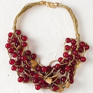Chunky Coastal Statement Necklace | Handmade Boho Beaded Ruby Red Multistrand Holiday Jewelry for Women