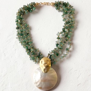 Chunky Coastal Shell Statement Necklace | Handmade Mother of Pearl Shell Pendant Boho Beach Jewelry