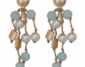 Handmade Coastal Pearl & Chunky Blue Beaded Multi-Strand Earrings | Boho Statement Jewelry for Women
