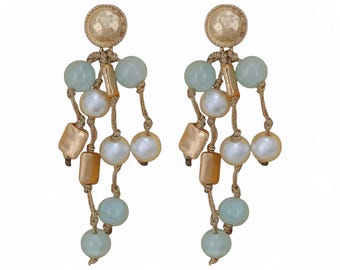 Handmade Coastal Pearl & Chunky Blue Beaded Multi-Strand Earrings | Boho Statement Jewelry for Women
