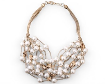 Handmade Coastal Pearl & Chunky Gold Beaded Multi-Strand Necklace | Boho Statement Jewelry for Women |