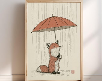 Vos Rode Paraplu Regen Japanse Houtsnede, Ukiyo-e Muurkunst, Kitsune Kunstprint, Aziatische Woondecoratie, Vintage Japanse Poster