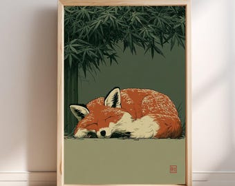 Red Fox Sleeping Bamboo Japanese Wall Art Print, Kitsune Art, Zen Woodland Decor, Asian Nature Poster, Japandi Home Decor