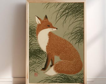 Fox Willow Grass Japanese Woodblock Print, Ukiyo-e Wall Art, Kitsune Nature Poster, Japandi Decor, Asian Wall Hanging