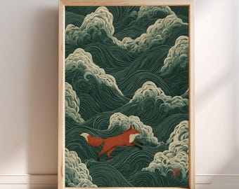 Rode Vos Groene Golven Japanse Houtsnede | Ukiyo-e Kunst | Kitsune Muurdecoratie | Aziatische Woondecoratie | Vintage Japanse Poster