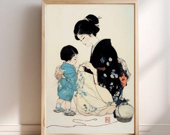 Mother Child Blue Kimono Japanese Woodblock Print | Ukiyo-e Style Art | Traditional Japanese Wall Art | Asian Home Decor