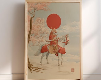 Samurai Wit Paard Rode Zon Japanse Kunstprint | Muurdecoratie in Ukiyo-e stijl | Traditionele Japanse Decoratie | Poster van een Aziatische Krijger