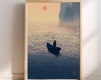 Eenzame visser in mistige zee, Japanse golfprint | Muurdecoratie in Ukiyo-e-stijl | Kust- en oceaandecoratie | Aziatische nautische poster