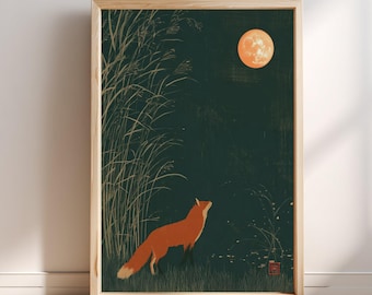 Vos Oranje Maan Pampasgras Japanse Print, Kitsune Muurdecoratie, Herfst Ukiyo-e Poster, Aziatische Oosterse Woondecoratie