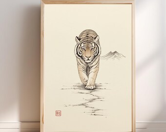 Japanse TIGER minimalistische kunstprint, Japandi poster | Zen-muurkunst | Modern woondecoratie | Woonkamerkunst