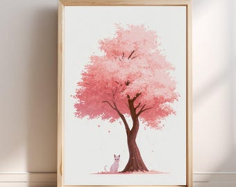 Pink Cat Cherry Blossom Tree Japanese Art Print | Sakura Wall Art | Kawaii Japan Poster | Asian Home Decor | Anime Cat Lover Gift