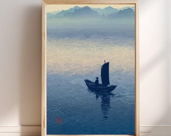 Muurdecoratie met een eenzame boot en mistige golven, Japanse stijl, minimalistische zen-kustdecoratie, Aziatisch oceaanlandschap, Japandi-stijl woondecoratie
