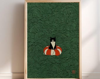 Zwarte kat, oranje reddingsboei, groene golven, Japanse prent | Muurdecoratie in Ukiyo-e-stijl | Oceaangolfposter | Kustdecoratie, strandcadeau