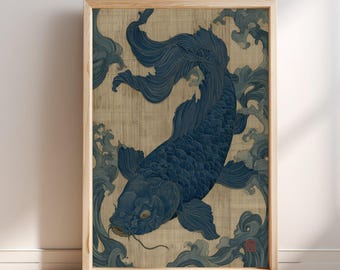 Print van een blauwe koivis, Japanse houtsnede, Ukiyo-e stijl, wanddecoratie met vloeiende snorharen, Aziatische koiposter, Japanse woondecoratie.