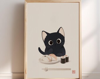 Print van een sushibord met een zwarte kat, schattige Japanse muurdecoratie, leuke kattenposter, Japanse keukendecoratie, Aziatische kunstprint, anime kattencadeau