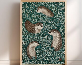Otters die in kolkend turquoise water zwemmen | Japanse houtsnede | Muurdecoratie in Ukiyo-e-stijl | Decoratie met kust- en zeedieren | Aziatische kunstposter