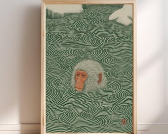 Snow Monkey Art Print, Japanese Wall Art, Green Water Swirls, Ukiyo-e Style Wildlife Print, Nature Decor, Asian Art Poster