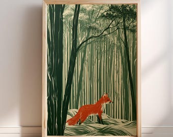 Rode vos in het groene bos, Japanse houtsnede, Ukiyo-e stijl muurdecoratie, Kitsune natuurposter, Aziatische woondecoratie, vintage Japanse kunst