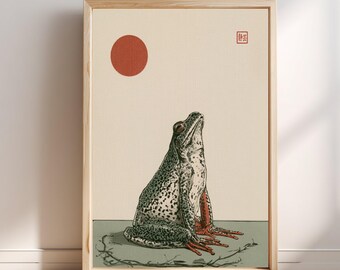 Kikker Rode Zon Contemplatie Japanse houtsnede, Ukiyo-e stijl muurdecoratie, Zen tuindecoratie, Aziatische kunstprint