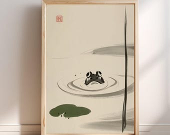 Kikker op waterlelieblad Japanse muurdecoratie, Sumi-e inkttekening, zen minimalistische natuurdecoratie, Japanse Aziatische kunst, rimpelingen in een vijver