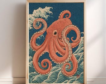 Japanse houtsnede met octopus en crèmekleurige golven | Ukiyo-e muurdecoratie | Vintage oceaankunst | Nautische woondecoratie | Hokusai-stijl