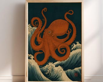Orange Octopus Japanese Wall Art Print | Ukiyo-e Style Waves Ocean Art | Vintage Japanese Woodblock Print | Nautical Coastal Decor