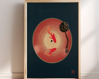 Goudvis vinyl draaitafel Japanse kunstprint, retro muziekposter, koi vis muurdecoratie, Ukiyo-e stijl decoratie, cadeau voor audiofiel