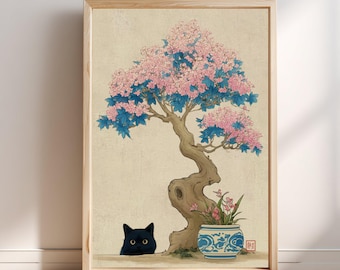 Black Cat Pink Bonsai Japanese Art Print, Zen Wall Art, Ukiyo-e Style Home Decor, Cherry Blossom Tree, Asian Botanical Print