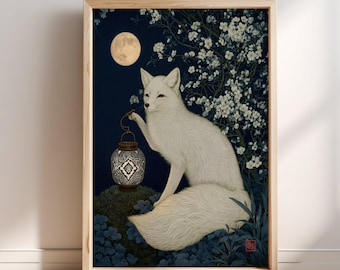 Witte Vos Maanlantaarn Japanse Bloemenprint | Kitsune Muurdecoratie | Aziatische Botanische Poster | Japanse Woondecoratie | Oosterse Kunst