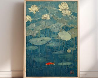 Minimale print van koivissen, Japanse muurkunst in ukiyo-e-stijl, poster zen-lotus | Aziatische decoratie | Slaapkamerkunst