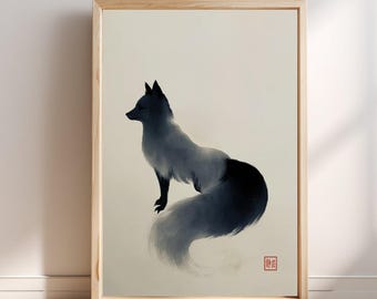 Japanse vossenkunstprint Sumi-e inkttekening | Kitsune muurdecoratie met mistig kleurverloop | Etherische Aziatische minimalistische decoratie | Zen penseeltechniek
