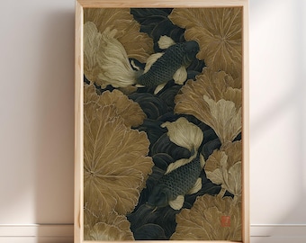Koi Fish Golden Lotus Leaves Japanese Art Print, Zen Wall Art, Asian Home Decor, Botanical Artwork, Tranquil Pond Scene