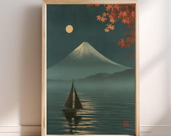 Mount Fuji Sailboat Autumn Maple Japanese Print | Ukiyo-e Wall Art | Japan Landscape Poster | Asian Home Decor | Vintage Style