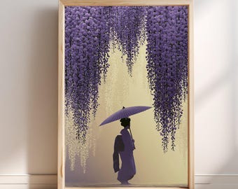 Japanse silhouetprint van een vrouw met blauweregenparaplu, geisha-kunst, Aziatische wanddecoratie, minimalistische zenposter, bloemenkunst uit Japan, cadeau