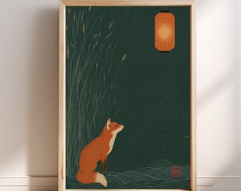 Vos Oranje Lantaarn Nacht Japanse Kunstprint | Kitsune Ukiyo-e Muurkunst | Vintage Japanse Poster | Aziatische Woondecoratie | Yokai Kunstwerk
