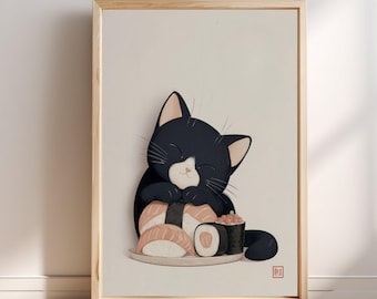 Black Cat Sushi Platter Print, Kawaii Japanese Wall Art, Cute Kitchen Decor, Neko Cat Lover Gift, Asian Food Art Poster