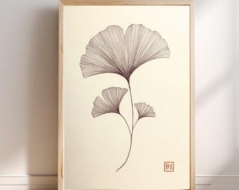 Minimalistische ginkgobladkunst, Japanse botanische lijntekening, zendecor, beige kunstwerk