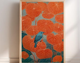 Japanse botanische print Blue Bird, natuurkunstwerk met sinaasappelblad, groenblauw decor | Zen-muurkunst | Woonkamerinrichting