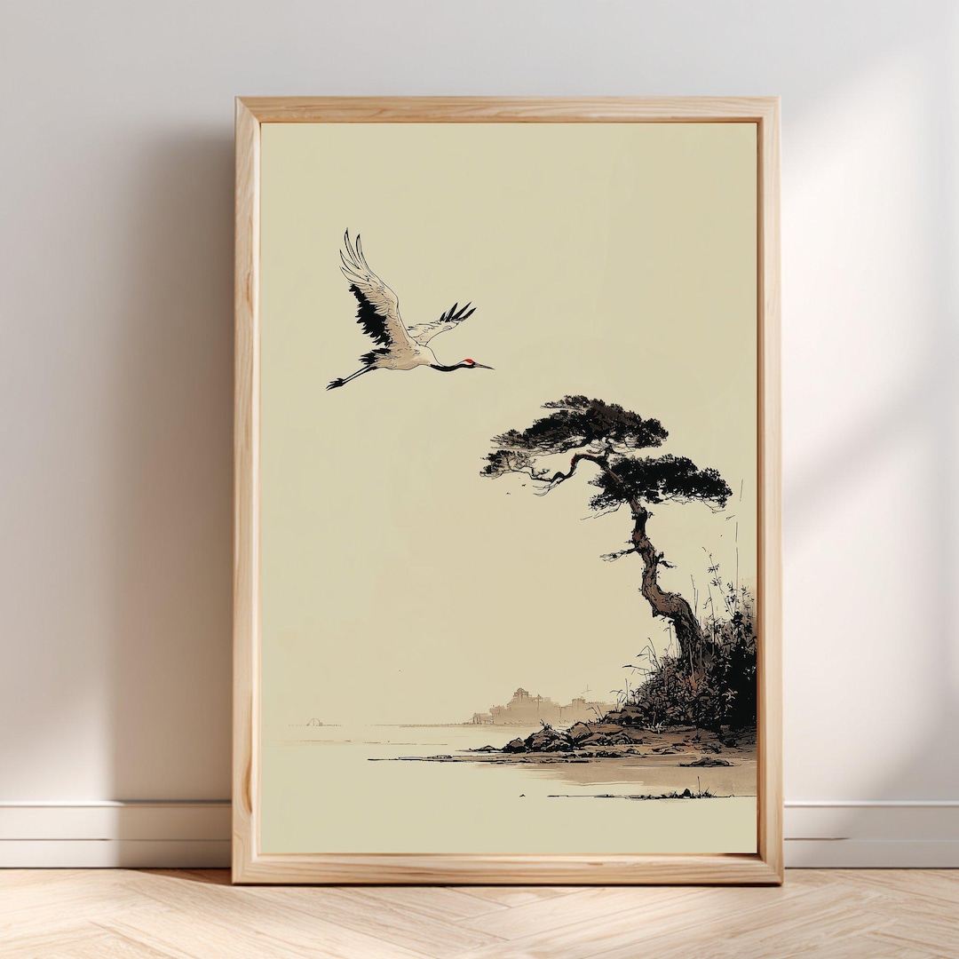 Crane Pine Tree Japanese Ink Print | Sumi-e Wall Art, Zen Decor ...